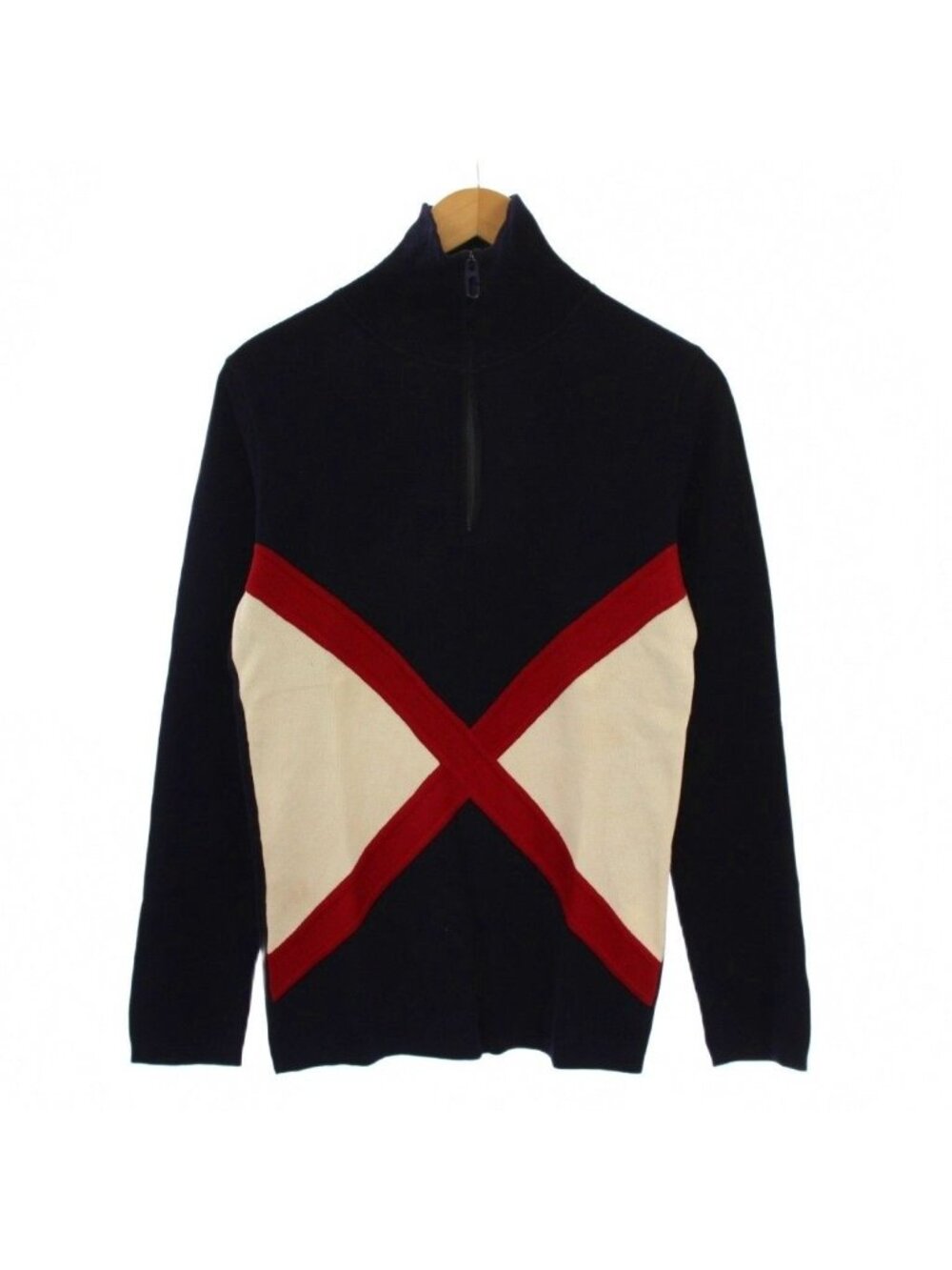 Gucci Knit Sweater Long Sleeve High Neck Half Zip M Navy Blue Red White BM